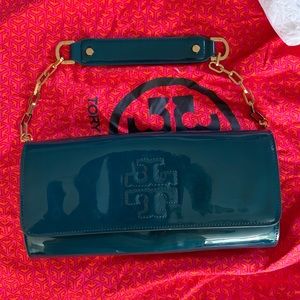 Tory Burch Teal Patent Leather Logo Clutch with Gold Chain
